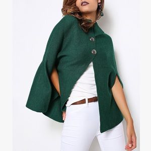 Green Wool-Blend Button-Up Poncho